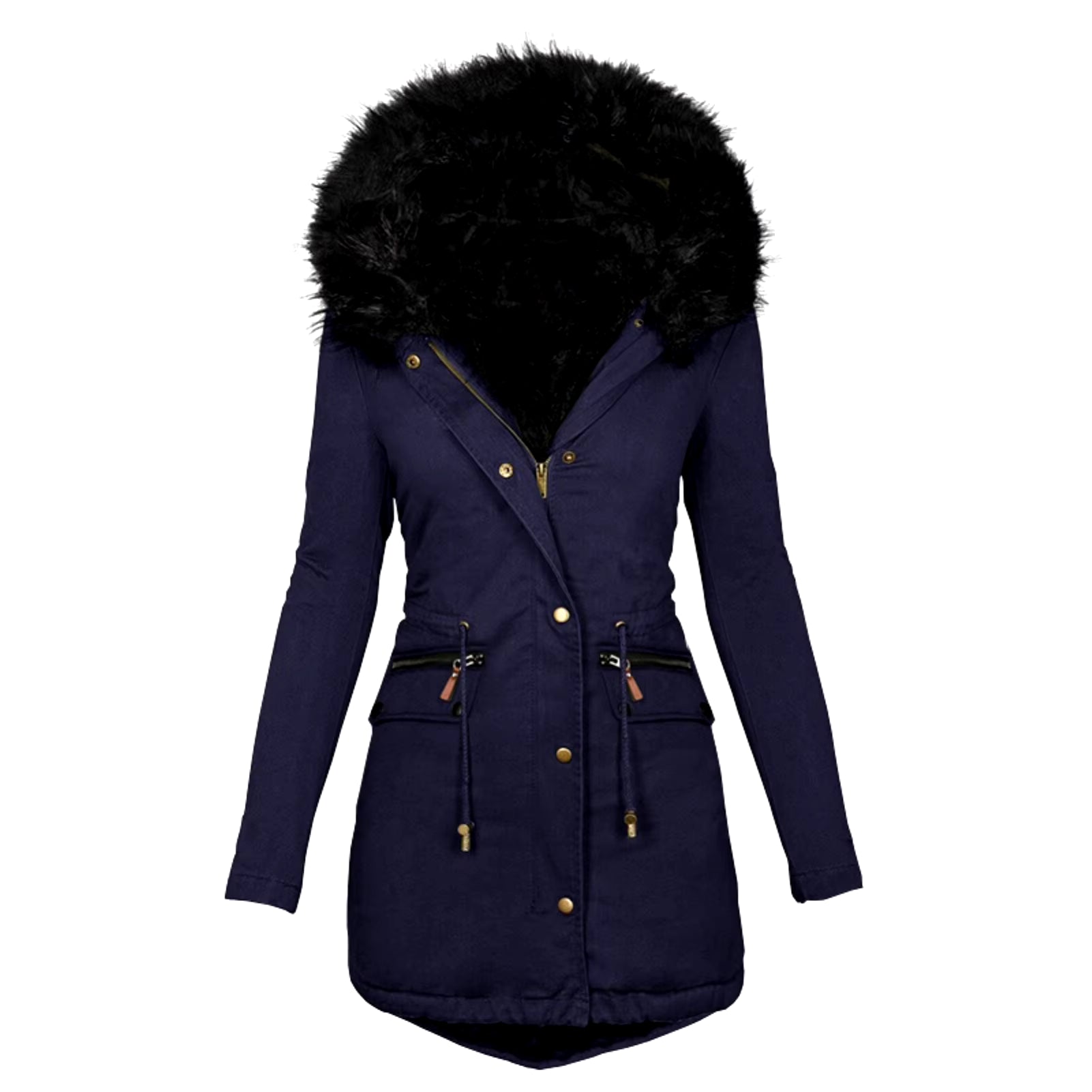 Women Winter Long Sleeve Faux Fur Hood Mid-Length Warm Coat Parka Snow Outerwear