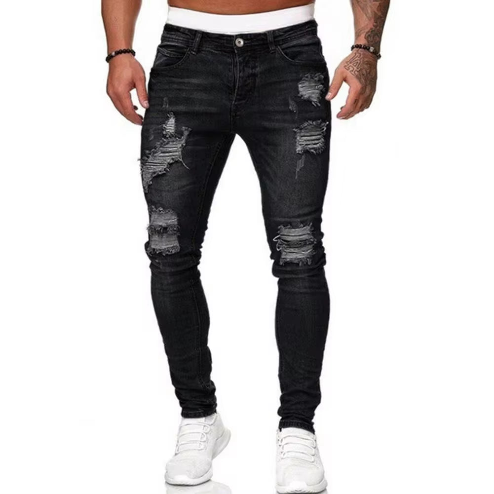 Men Straight Fit Jeans Retro Style Men Jeans Stylish Men'S Ripped Jeans Slim Fit Breathable Fabric Hop Streetwear Mid Waist