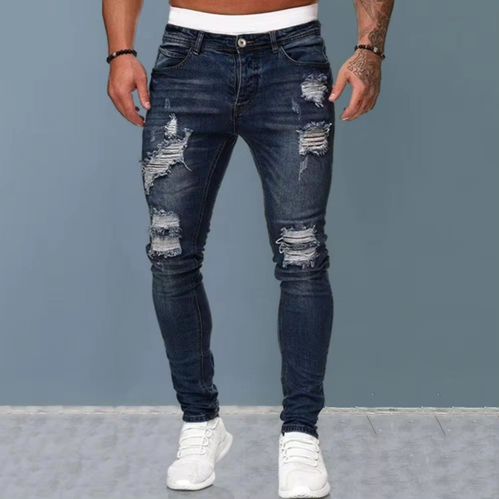 Men Straight Fit Jeans Retro Style Men Jeans Stylish Men'S Ripped Jeans Slim Fit Breathable Fabric Hop Streetwear Mid Waist