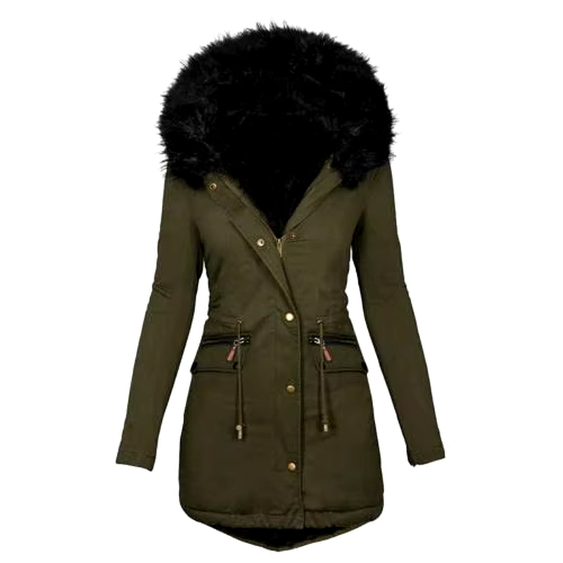 Women Winter Long Sleeve Faux Fur Hood Mid-Length Warm Coat Parka Snow Outerwear