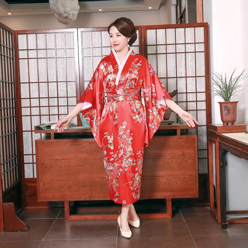 Onesize Female Japanese Kimono Bathrobe Gown V-Neck Satin Evening Party Prom Gown Vintage Cosplay Costume Full Sleeve Gown