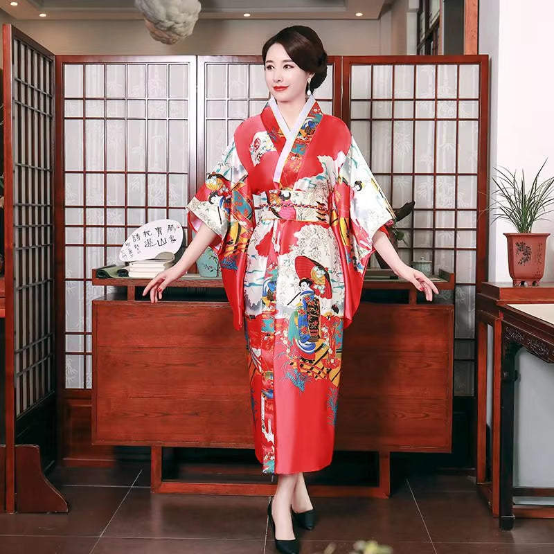 Onesize Female Japanese Kimono Bathrobe Gown V-Neck Satin Evening Party Prom Gown Vintage Cosplay Costume Full Sleeve Gown