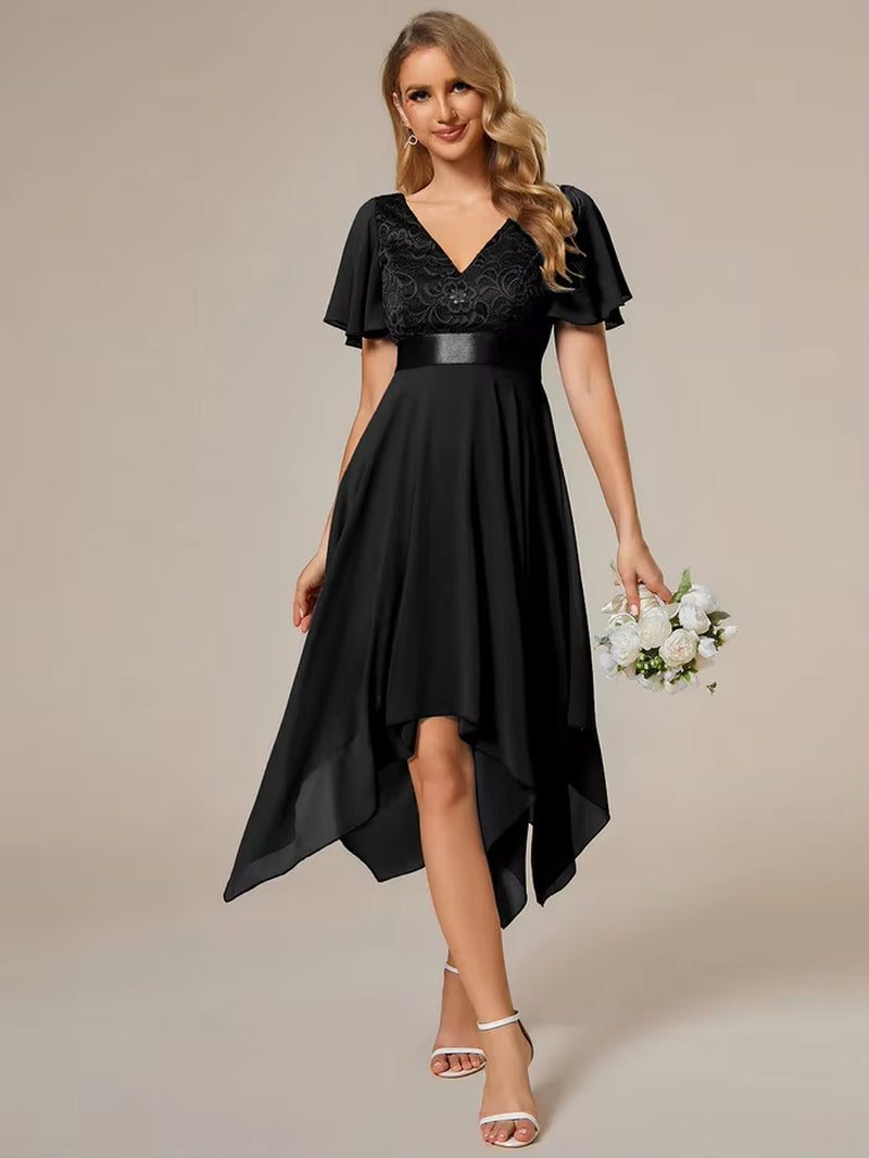 Deep V Neck Chiffon Asymmetrical Hem Empire Waist Short Sleeves Knee-Length Evening Dress