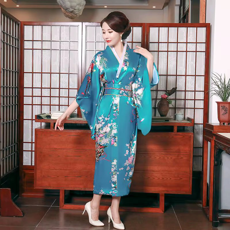 Onesize Female Japanese Kimono Bathrobe Gown V-Neck Satin Evening Party Prom Gown Vintage Cosplay Costume Full Sleeve Gown