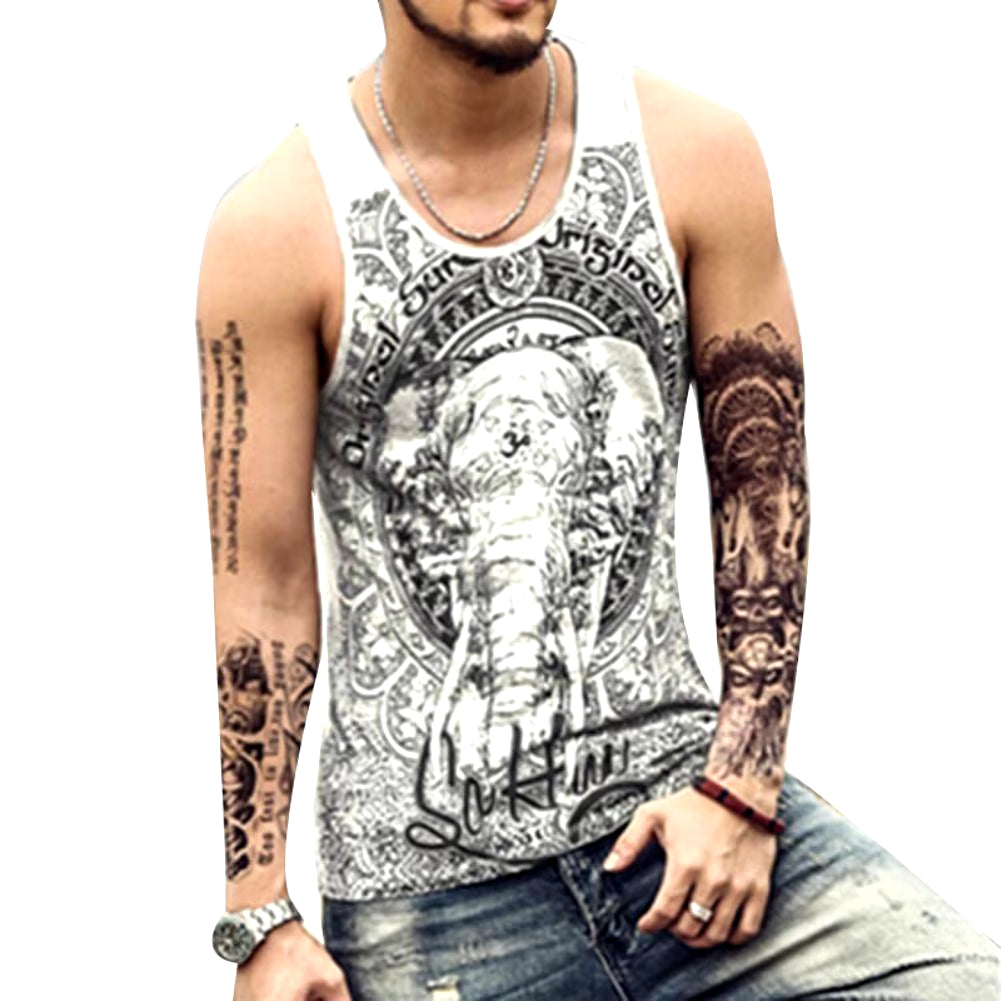 Vintage Elephant Print Men Summer Bodybuilding Vest Loose Sleeveless Tank Top