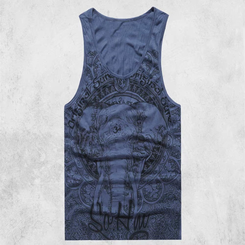 Vintage Elephant Print Men Summer Bodybuilding Vest Loose Sleeveless Tank Top