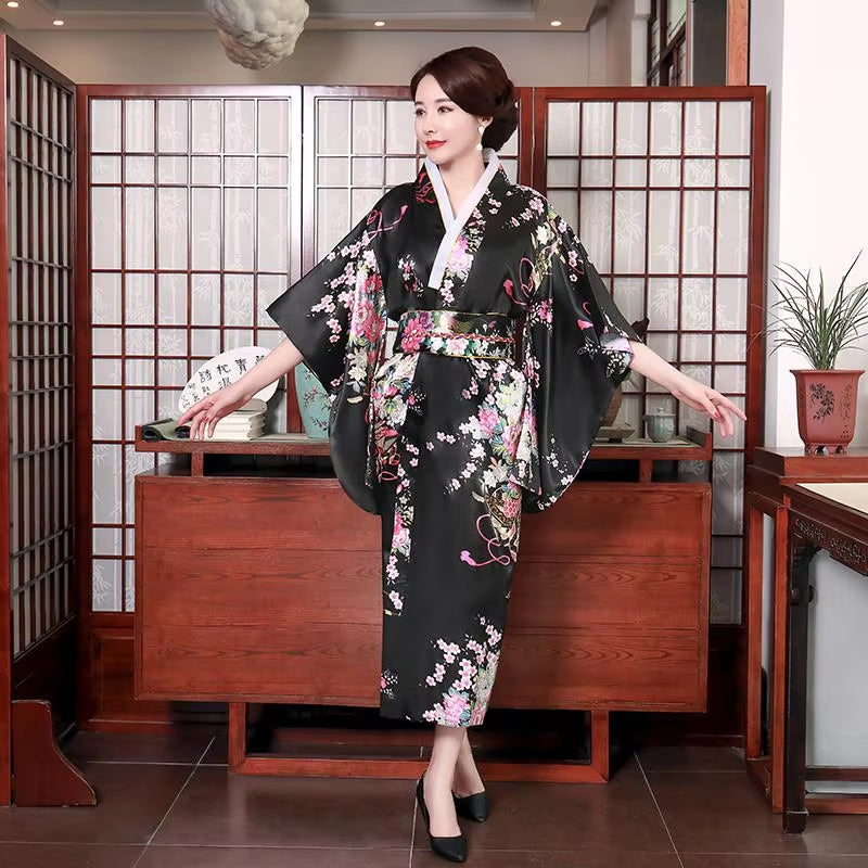 Onesize Female Japanese Kimono Bathrobe Gown V-Neck Satin Evening Party Prom Gown Vintage Cosplay Costume Full Sleeve Gown