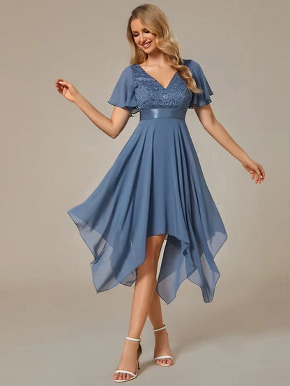 Deep V Neck Chiffon Asymmetrical Hem Empire Waist Short Sleeves Knee-Length Evening Dress