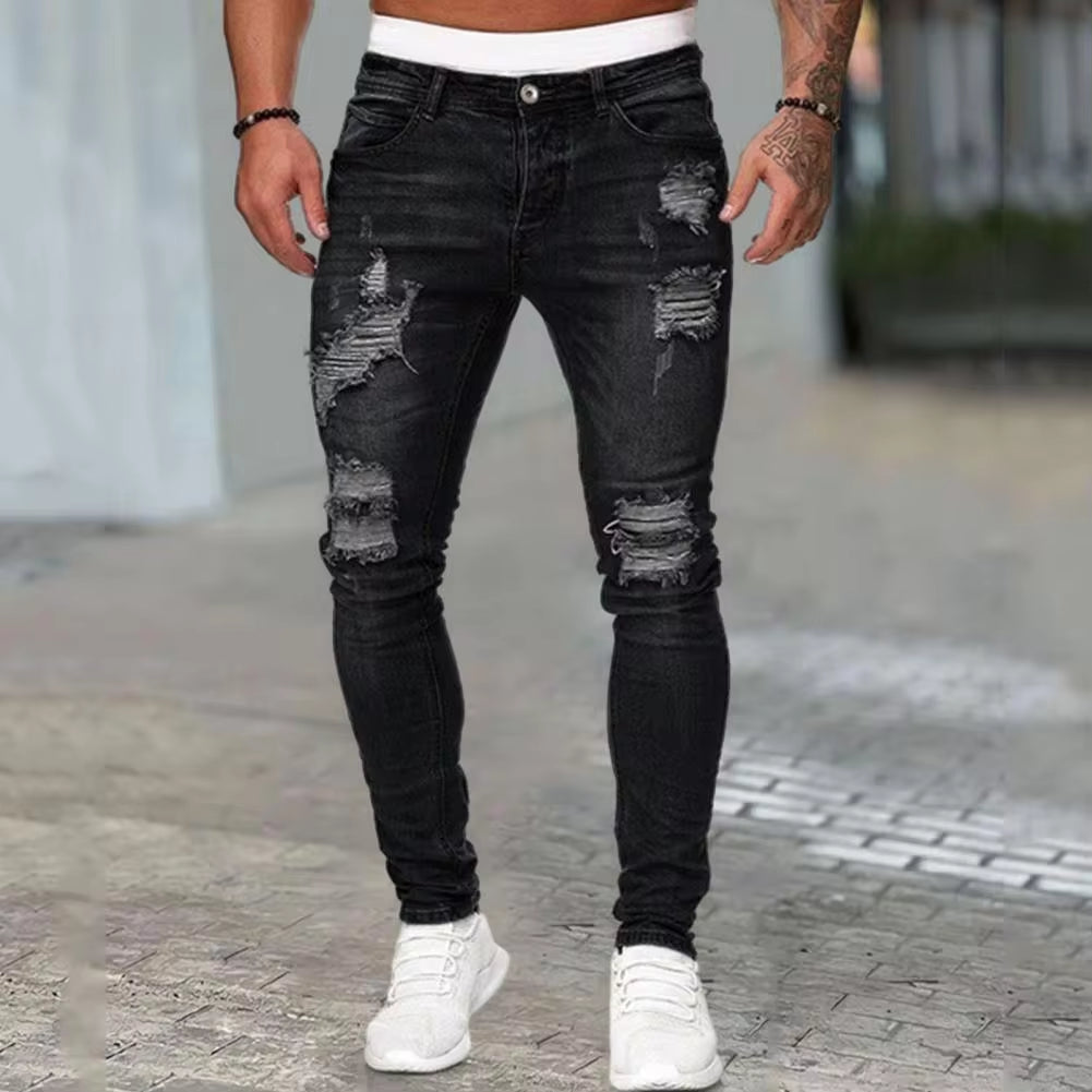 Men Straight Fit Jeans Retro Style Men Jeans Stylish Men'S Ripped Jeans Slim Fit Breathable Fabric Hop Streetwear Mid Waist