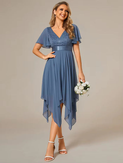 Deep V Neck Chiffon Asymmetrical Hem Empire Waist Short Sleeves Knee-Length Evening Dress