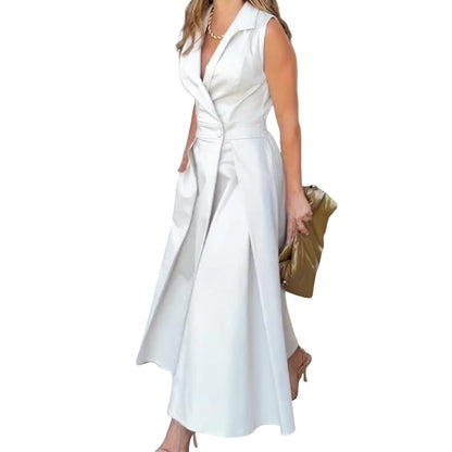 Women Dress Waist-Cinching Lapel Collar Elegant Long Dress A-Line Button High Waist Pockets