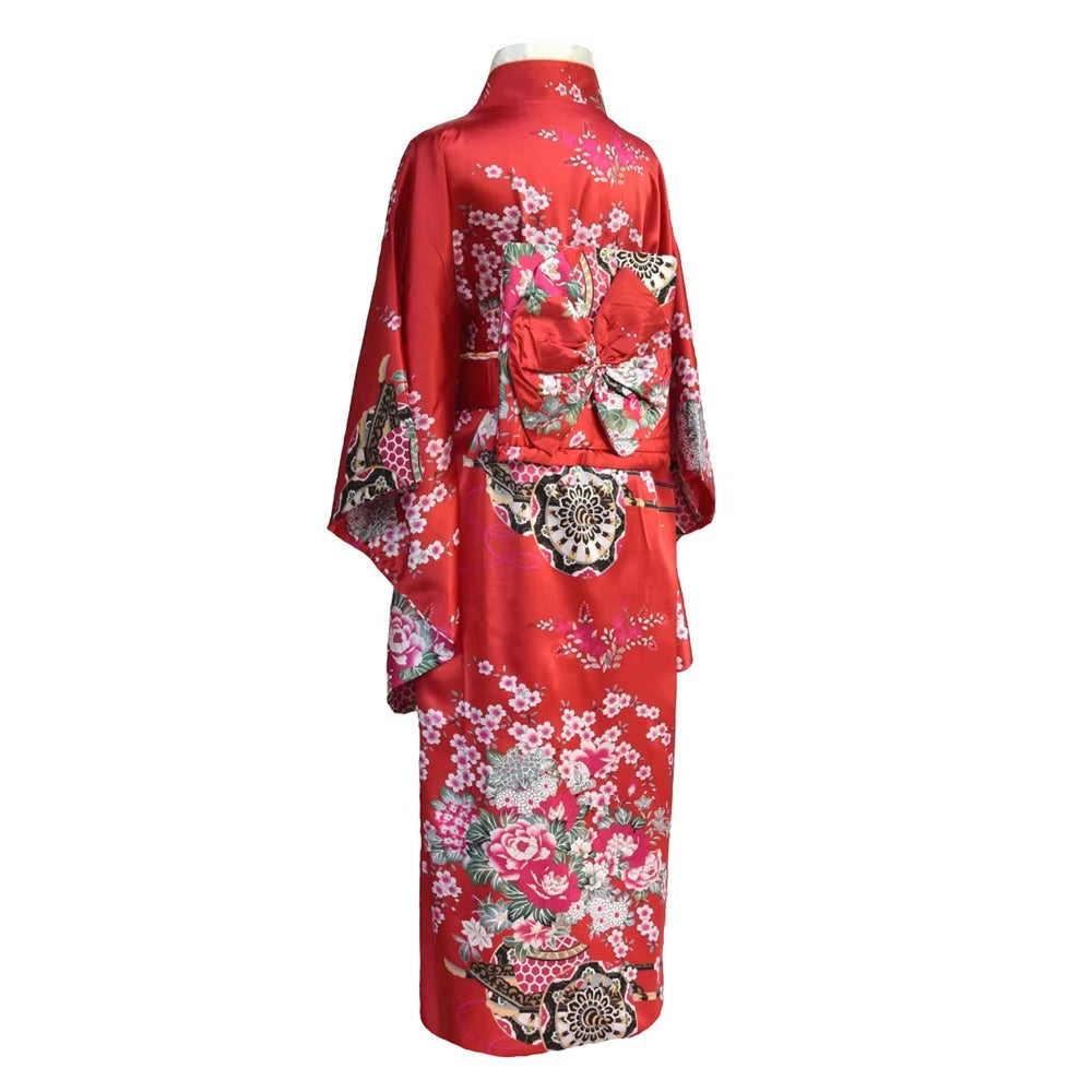 Onesize Female Japanese Kimono Bathrobe Gown V-Neck Satin Evening Party Prom Gown Vintage Cosplay Costume Full Sleeve Gown