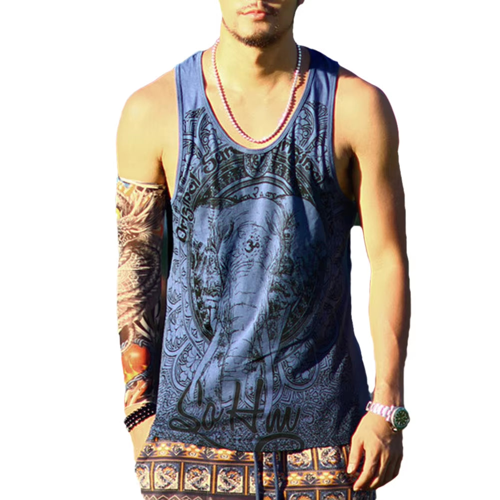 Vintage Elephant Print Men Summer Bodybuilding Vest Loose Sleeveless Tank Top