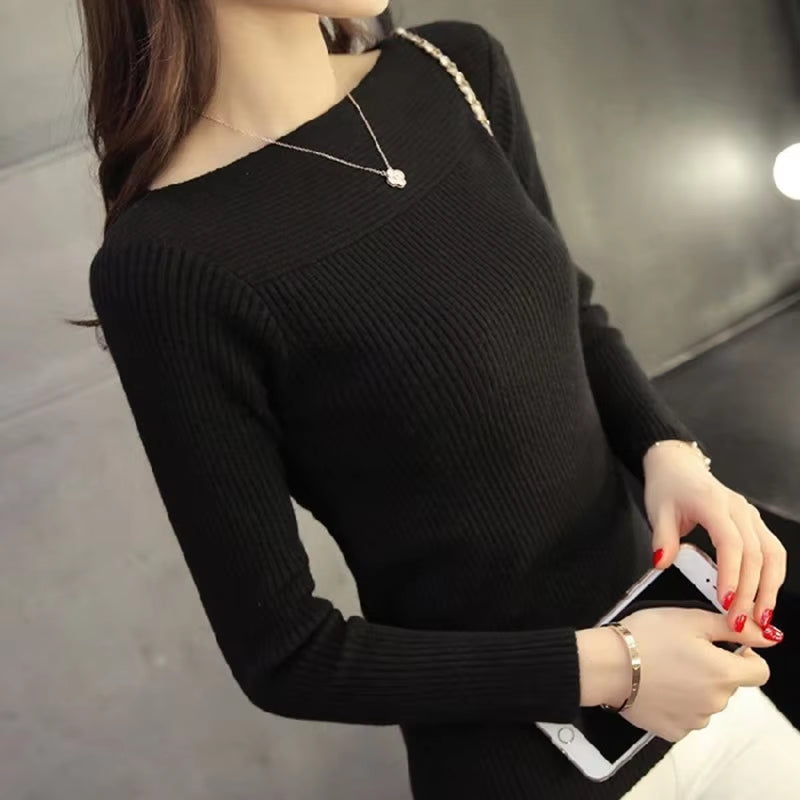 Spring Fall Women'S New Elegant Simple One Collar Slim Sweater Knitted Long Sleeve Sweater Casual Solid Color Pullover Sweater