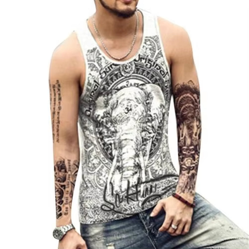 Vintage Elephant Print Men Summer Bodybuilding Vest Loose Sleeveless Tank Top