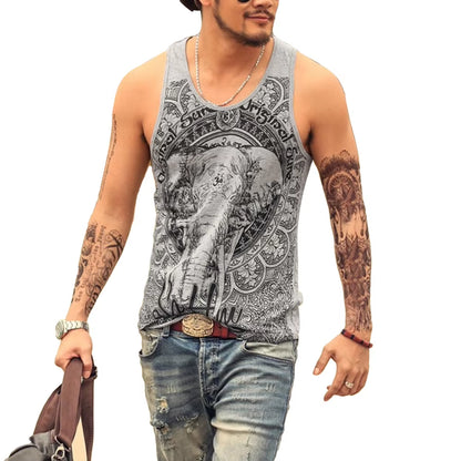 Vintage Elephant Print Men Summer Bodybuilding Vest Loose Sleeveless Tank Top