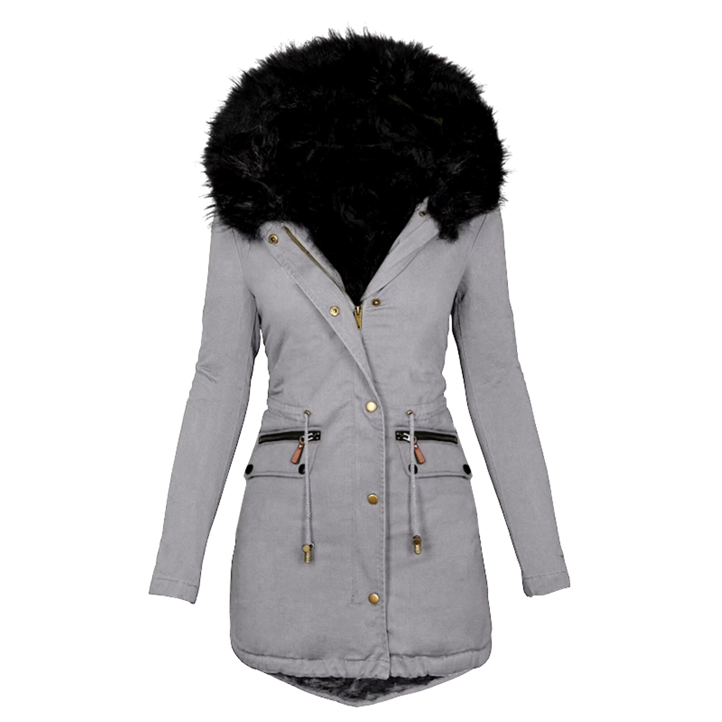 Women Winter Long Sleeve Faux Fur Hood Mid-Length Warm Coat Parka Snow Outerwear