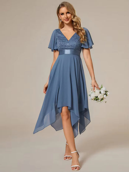 Deep V Neck Chiffon Asymmetrical Hem Empire Waist Short Sleeves Knee-Length Evening Dress