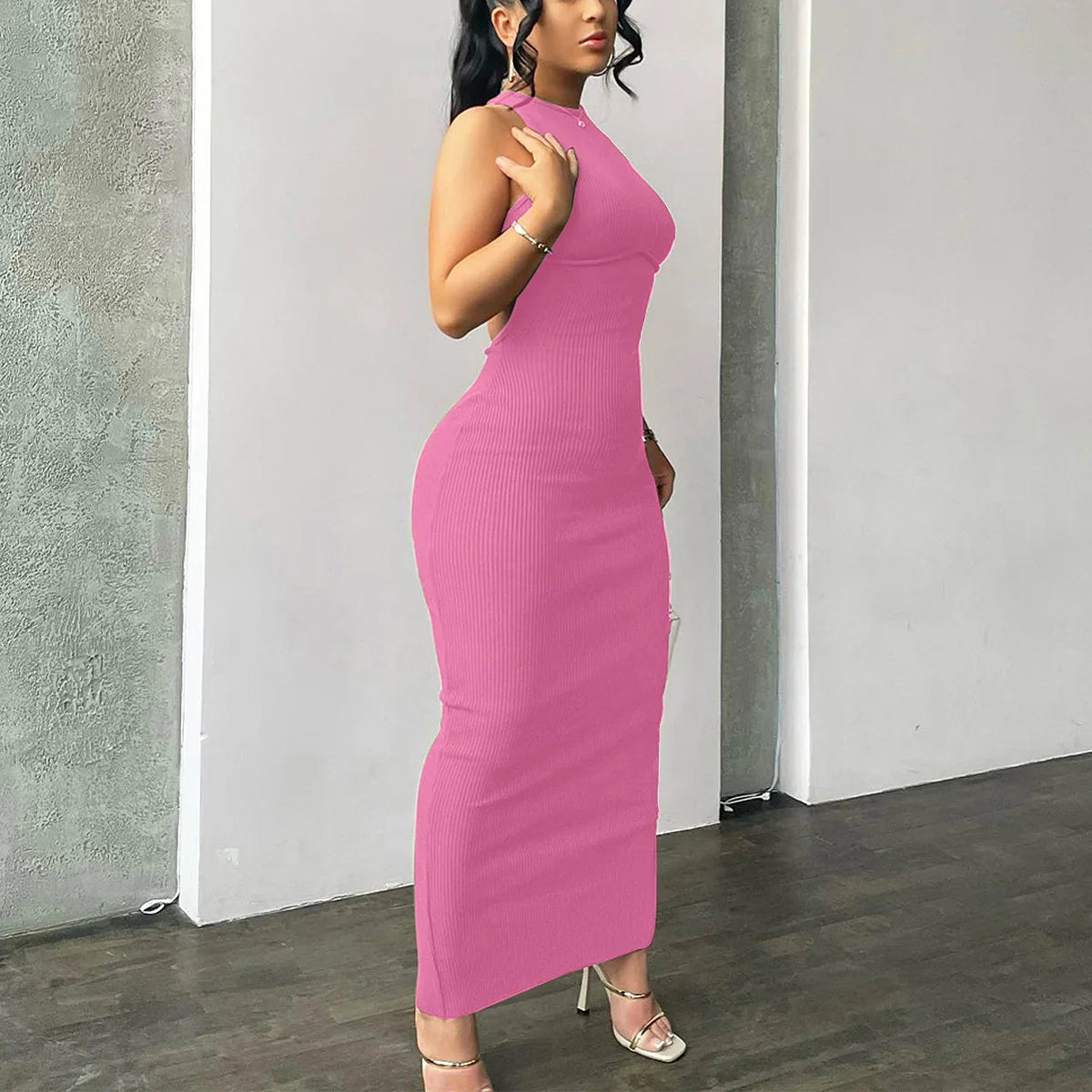 Ribbed Solid Hollow Out Backless Sleeveless Sexy Slit Mini Dress Bodycon 2024Summer Women Outfits Elegant Party Y2K