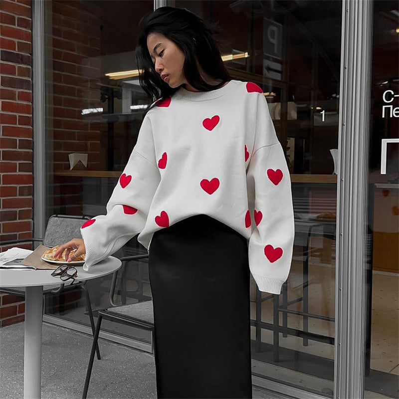 Long Sleeve Loose Heart-Shaped round Neck Sweater for Women Autumn and Winter