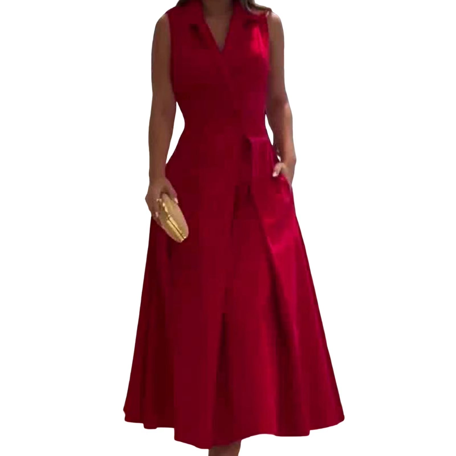 Women Dress Waist-Cinching Lapel Collar Elegant Long Dress A-Line Button High Waist Pockets