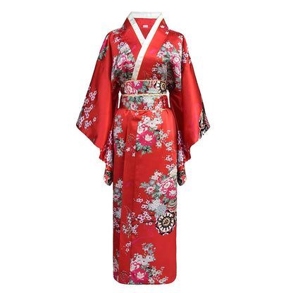 Onesize Female Japanese Kimono Bathrobe Gown V-Neck Satin Evening Party Prom Gown Vintage Cosplay Costume Full Sleeve Gown