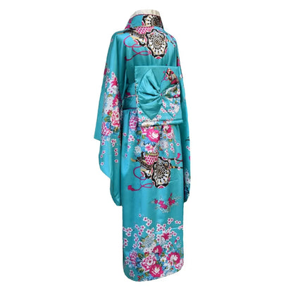 Onesize Female Japanese Kimono Bathrobe Gown V-Neck Satin Evening Party Prom Gown Vintage Cosplay Costume Full Sleeve Gown