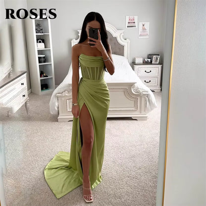 ROSES Sage Green Stain Chic Woman Evening Dress Gown Sleeveless Ball Gown Side Split Mermaid Night Dresses Gown Robes De Soirée