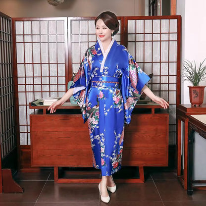 Onesize Female Japanese Kimono Bathrobe Gown V-Neck Satin Evening Party Prom Gown Vintage Cosplay Costume Full Sleeve Gown