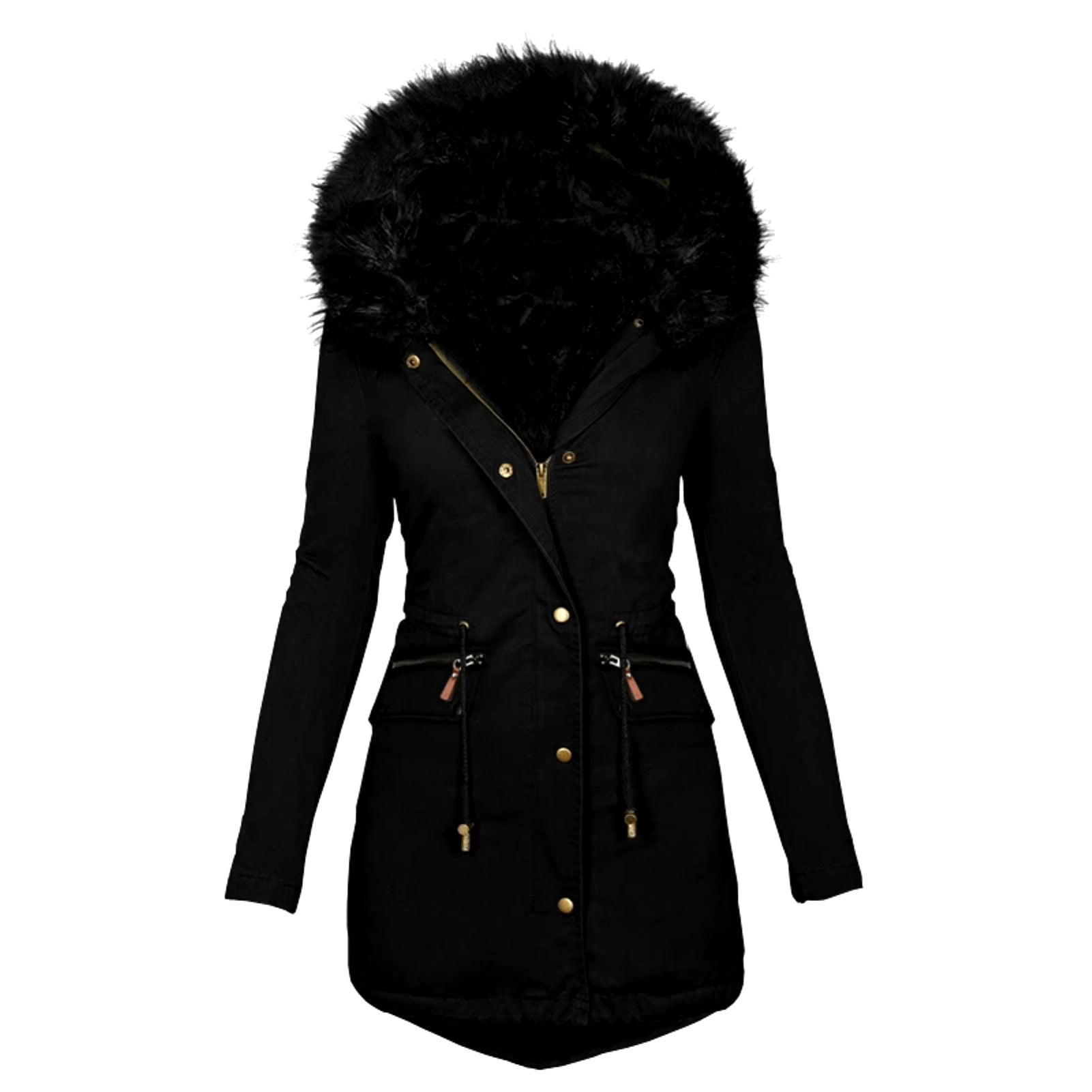 Women Winter Long Sleeve Faux Fur Hood Mid-Length Warm Coat Parka Snow Outerwear