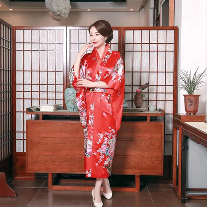 Onesize Female Japanese Kimono Bathrobe Gown V-Neck Satin Evening Party Prom Gown Vintage Cosplay Costume Full Sleeve Gown