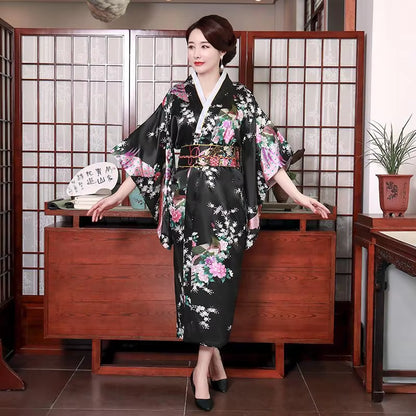 Onesize Female Japanese Kimono Bathrobe Gown V-Neck Satin Evening Party Prom Gown Vintage Cosplay Costume Full Sleeve Gown