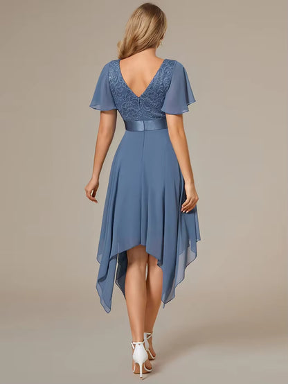 Deep V Neck Chiffon Asymmetrical Hem Empire Waist Short Sleeves Knee-Length Evening Dress