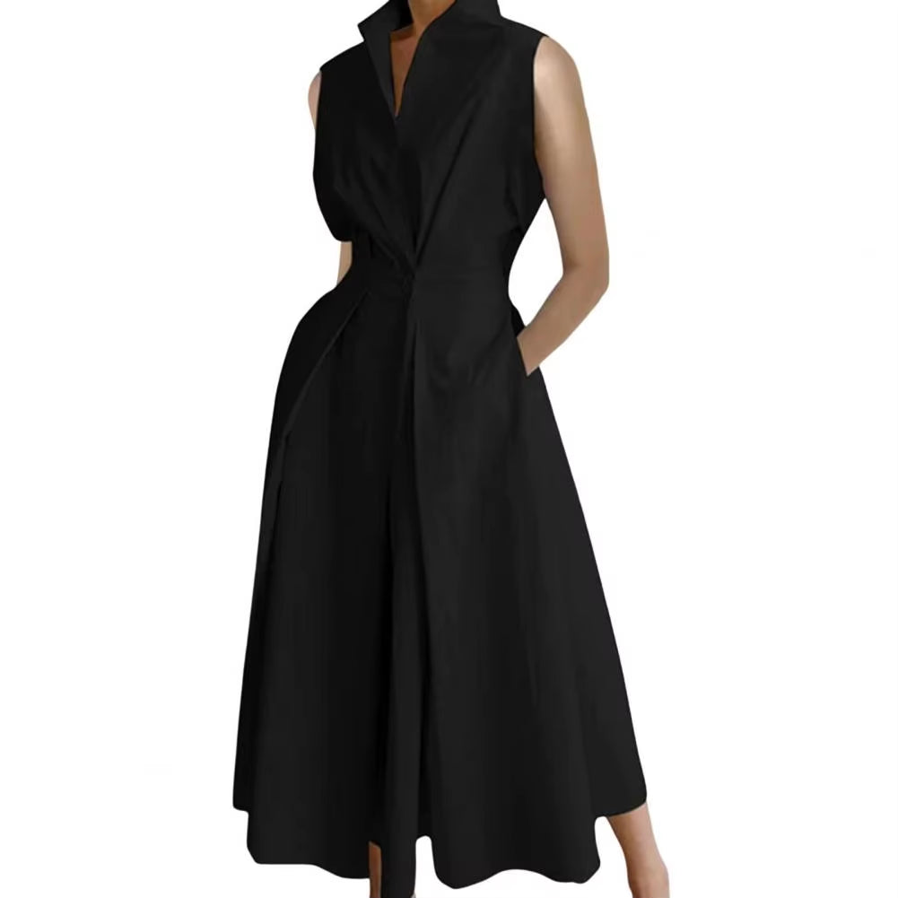 Women Dress Waist-Cinching Lapel Collar Elegant Long Dress A-Line Button High Waist Pockets