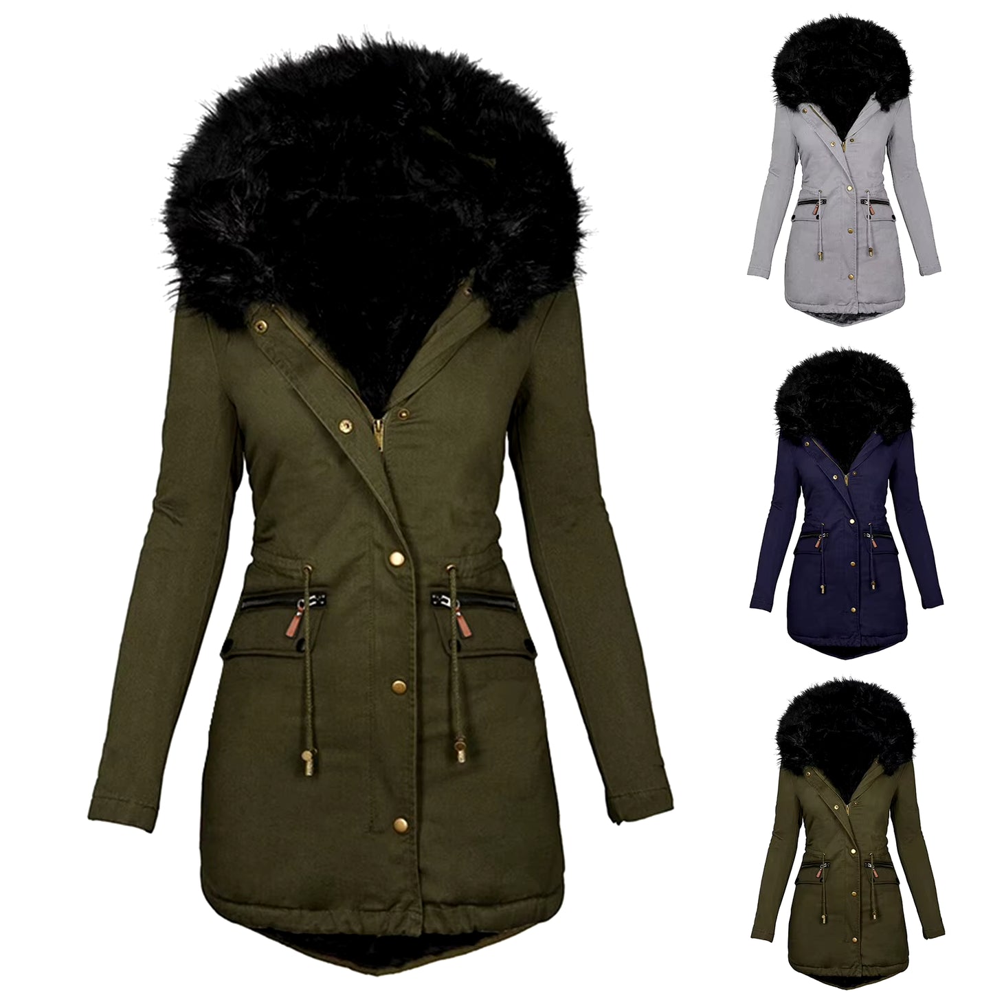 Women Winter Long Sleeve Faux Fur Hood Mid-Length Warm Coat Parka Snow Outerwear