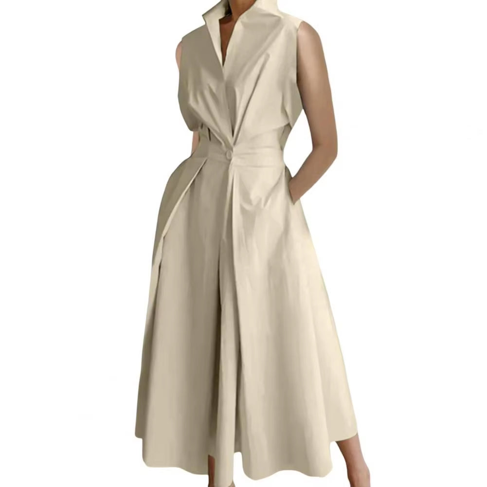 Women Dress Waist-Cinching Lapel Collar Elegant Long Dress A-Line Button High Waist Pockets