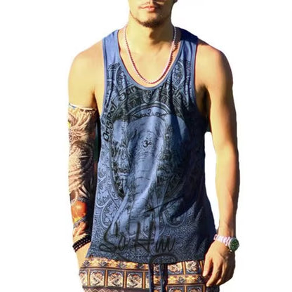 Vintage Elephant Print Men Summer Bodybuilding Vest Loose Sleeveless Tank Top