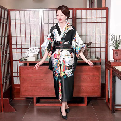 Onesize Female Japanese Kimono Bathrobe Gown V-Neck Satin Evening Party Prom Gown Vintage Cosplay Costume Full Sleeve Gown