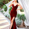 Red Sequin V Neck Slit Long Mermaid Wedding Party Dress Spaghetti Strap Velvet Stretch Evening Gown Cocktail Prom Dress