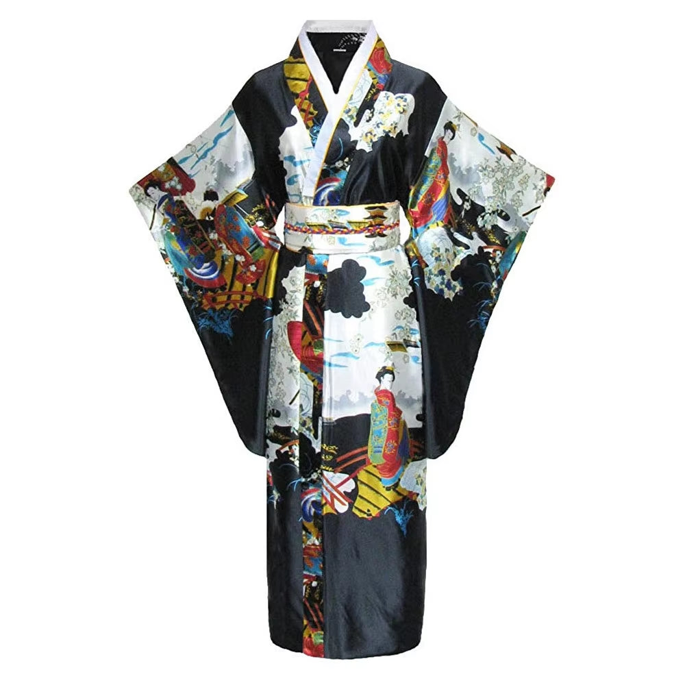 Onesize Female Japanese Kimono Bathrobe Gown V-Neck Satin Evening Party Prom Gown Vintage Cosplay Costume Full Sleeve Gown